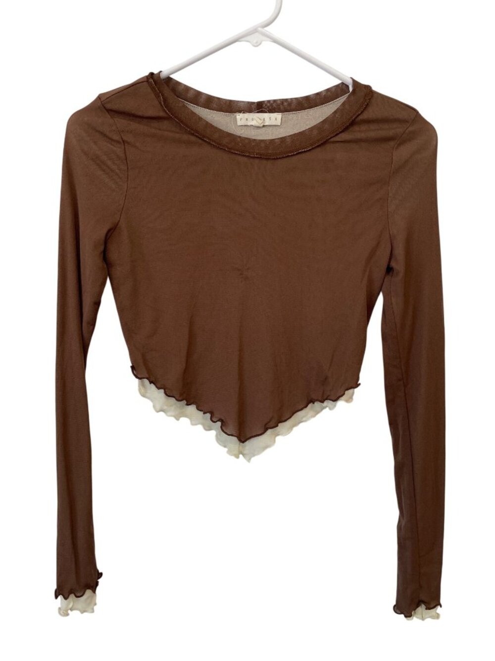 Promesa Crop Top Small Layered Mesh Crewneck Long Sleeve Brown Beige Witchy Vibe